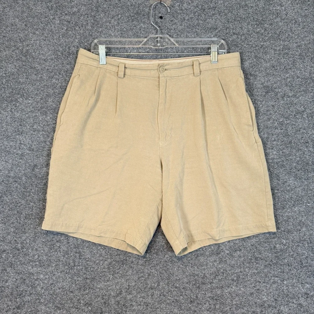 Tommy Bahama Shorts Mens 34 Beige Silk Chino Shorts Pleated Belt Loops Casual
